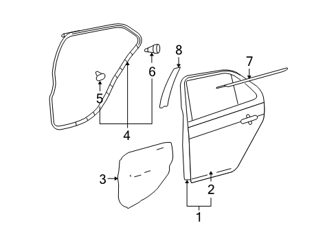 2012 Toyota Yaris Rear Door & Components, Exterior Trim Diagram