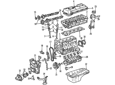 1995 Toyota Pickup Engine Parts, Mounts, Cylinder Head & Valves, Camshaft & Timing, Oil Pan, Oil Pump, Crankshaft & Bearings, Pistons, Rings & Bearings Diagram
