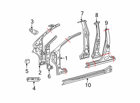 2010 Toyota Yaris Center Pillar & Rocker, Hinge Pillar Diagram 1 - Thumbnail