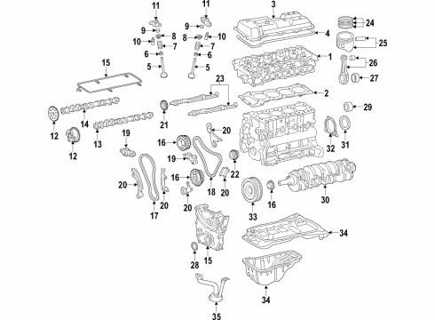 2022 Toyota Tacoma Engine Parts, Mounts, Cylinder Head & Valves, Camshaft & Timing, Variable Valve Timing, Oil Cooler, Oil Pan, Oil Pump, Balance Shafts, Crankshaft & Bearings, Pistons, Rings & Bearings Diagram