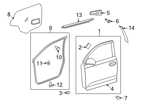 2009 Scion xD Front Door & Components, Exterior Trim Diagram