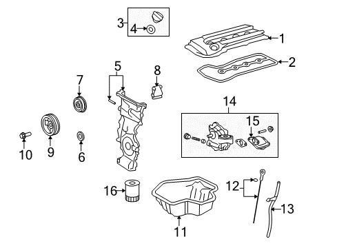 2015 Scion xB Engine Parts, Mounts, Cylinder Head & Valves, Camshaft & Timing, Oil Pan, Oil Pump, Balance Shafts, Crankshaft & Bearings, Pistons, Rings & Bearings Diagram