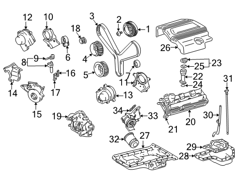 2005 Toyota Land Cruiser Engine Parts, Mounts, Cylinder Head & Valves, Camshaft & Timing, Oil Cooler, Oil Pan, Oil Pump, Crankshaft & Bearings, Pistons, Rings & Bearings Diagram