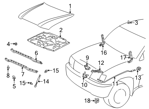 2005 Toyota Land Cruiser Hood & Components Diagram