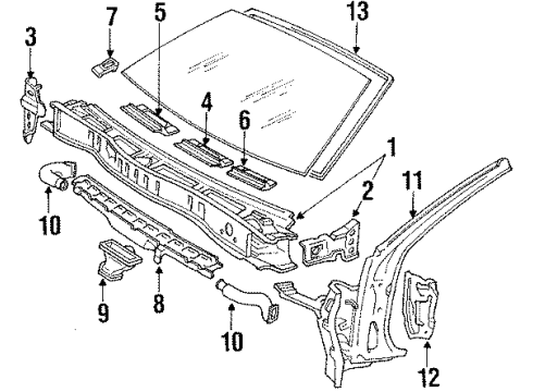 1992 Toyota Supra Windshield Glass, Cowl Diagram