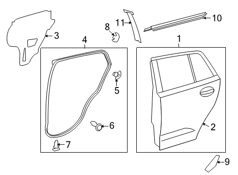 2009 Scion xD Rear Door & Components, Exterior Trim Diagram