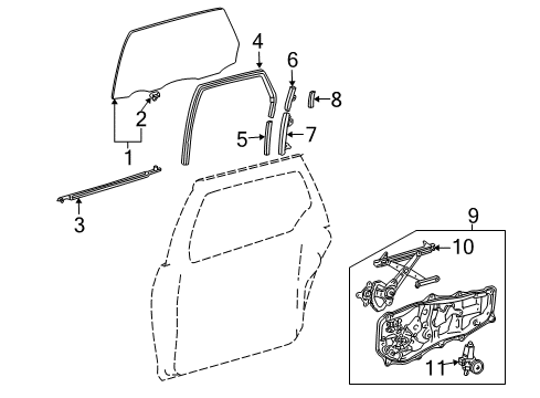 2004 Toyota Sienna Side Loading Door - Glass & Hardware Diagram