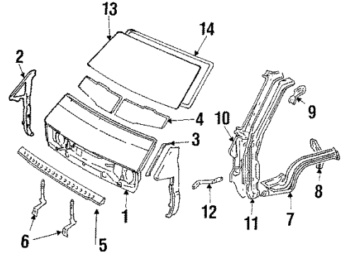 1987 Toyota Van Front Panel, Windshield Glass Diagram