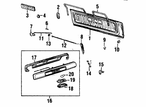1986 Toyota Land Cruiser Tail Gate & Hardware, License Lamps, Exterior Trim Diagram
